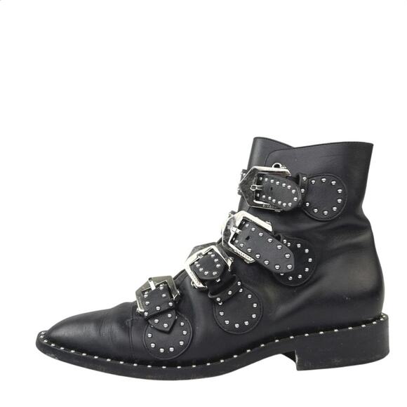 Givenchy Women's Black Leather Studded Buckle Pointed Toe Ankle Boots Size 7.5 - Picture 1 of 8